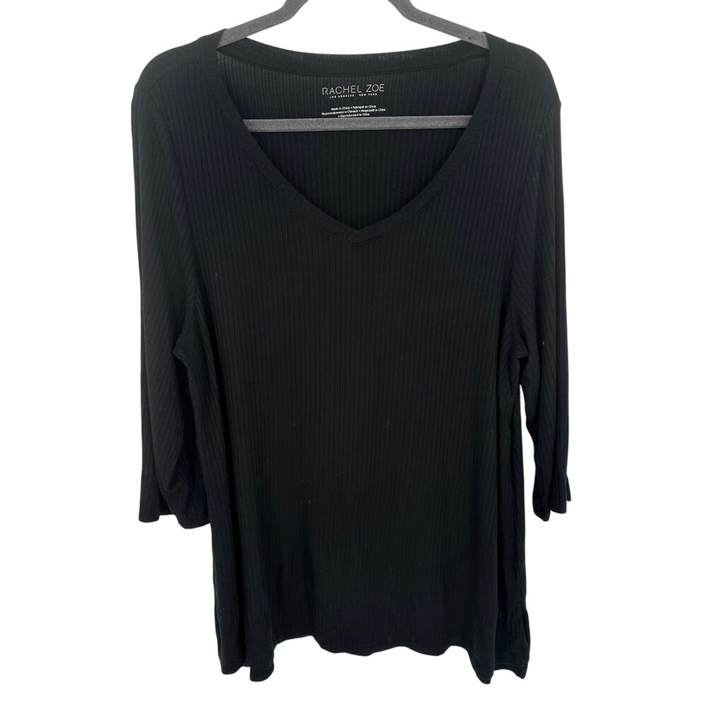 Rachel Zoe Black Ribbed V-Neck 3/4 Sleeve Blouse Relaxed Casual Stretch 1X